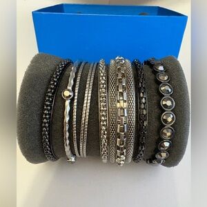 Graziano 9 Elegant Silver and Hematite Bangle Bracelet Set